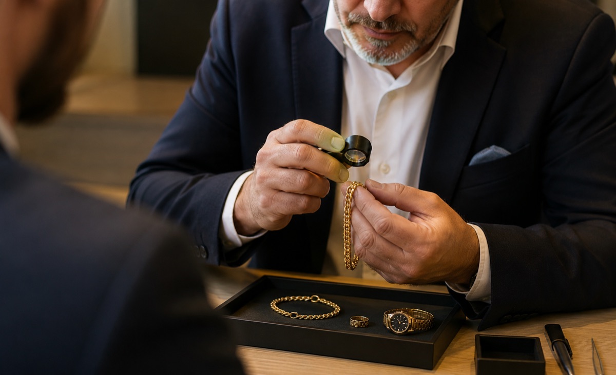 Begutachtung einer Goldkette mit einer Lupe
